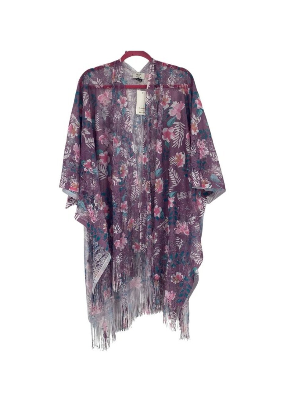 David & Young Purple Lightweight Floral Beach Cover Up Fringe One Size NWT